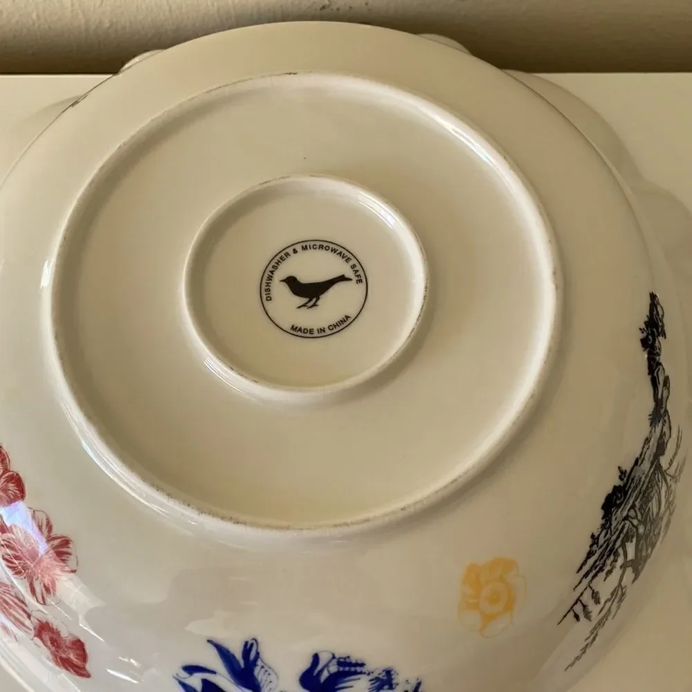 Anthropologie Large Serving Bowl White Floral Decorated Fleur 13”